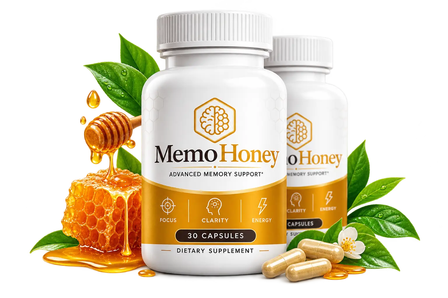MemoHoney bottles with raw honey and honeycomb