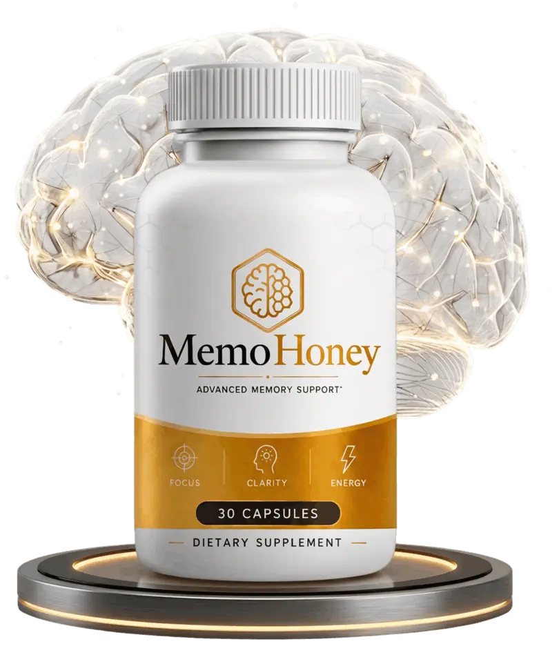 MemoHoney bottle with a glowing brain illustration